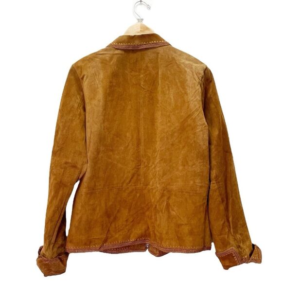 Christopher & Banks Cognac Suede Leather Jacket Size XL Zip Front Crochet Trim - Picture 4 of 14